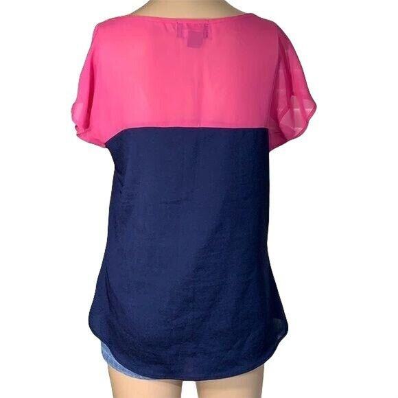 Hot Tempered Womens Blouse Top Shirt Colorblock Silky Pullover Pink Blue Medium - Picture 5 of 9